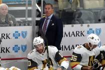 Vegas Golden Knights head coach Bruce Cassidy stands behind the bench during the third period o ...