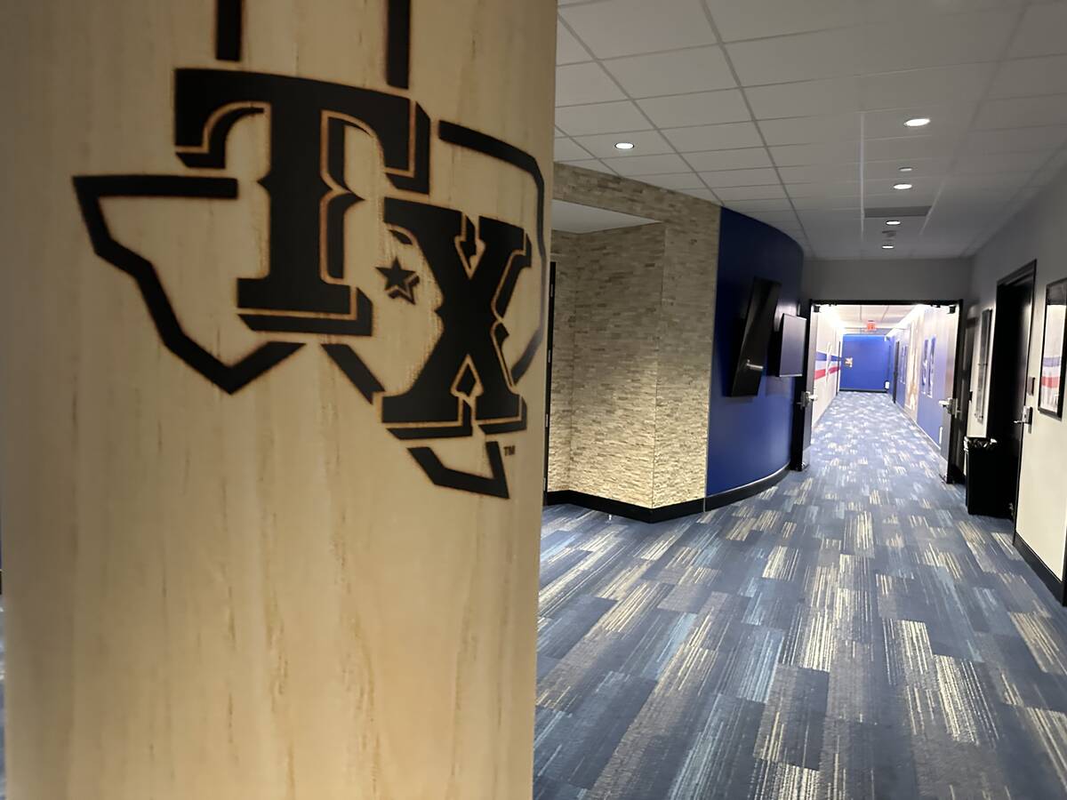 The hallway of the clubhouse at the Texas Rangers' Globe Life Field in Arlington, Texas, as see ...