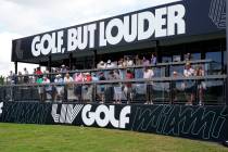 Fans watch on the 18th green on the first day of the LIV Golf Team Championship at the Trump Na ...