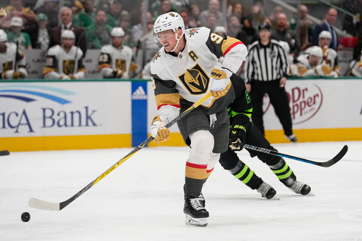 Vegas Golden Knights center Jack Eichel passes the puck against the Dallas Stars during the sec ...