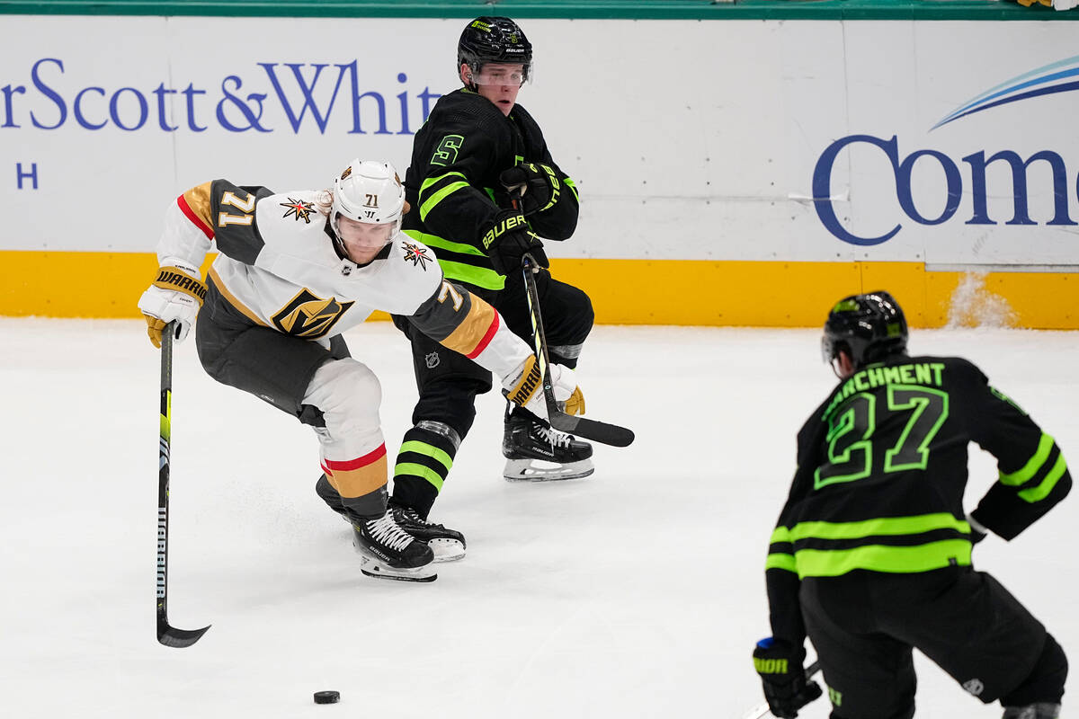 Vegas Golden Knights center William Karlsson (71) competes for possession against Dallas Stars ...
