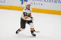 Vegas Golden Knights center Jack Eichel reacts after scoring the game-winning goal against the ...