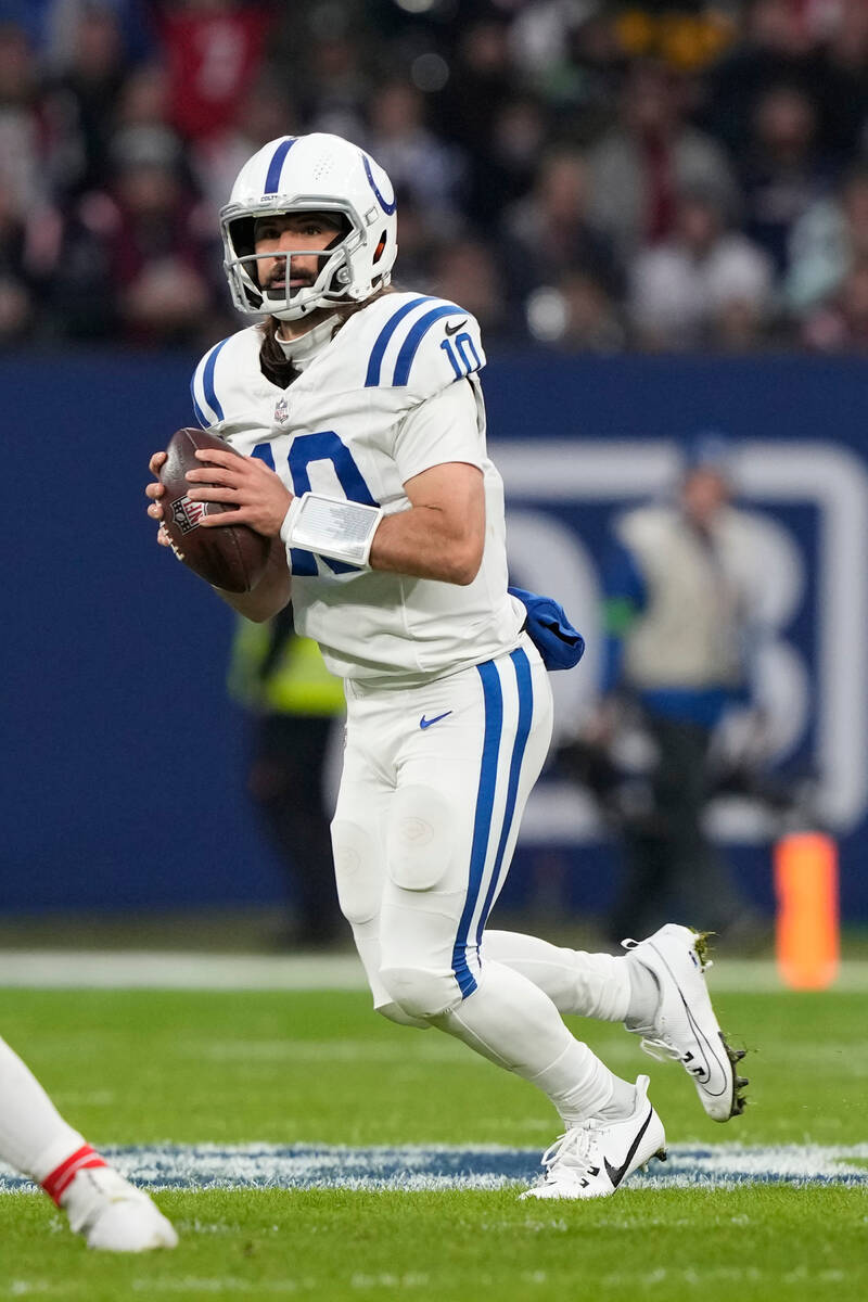 Indianapolis Colts quarterback Gardner Minshew (10) looks to pass the ball during an NFL footba ...