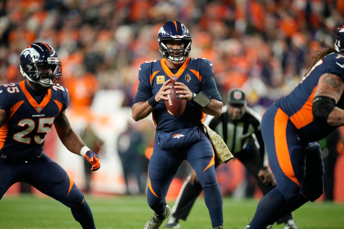 Denver Broncos quarterback Russell Wilson (3) in the first half of an NFL football game Sunday, ...