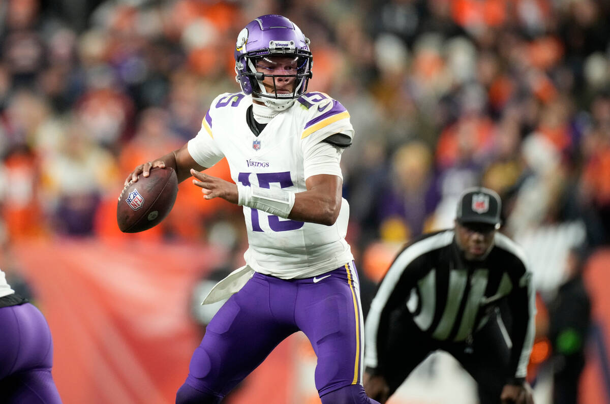 Minnesota Vikings quarterback Joshua Dobbs (15) in the second half of an NFL football game Sund ...