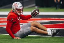 UNLV quarterback Jayden Maiava (1) takes a moment to get up after being taken down by a San Jos ...
