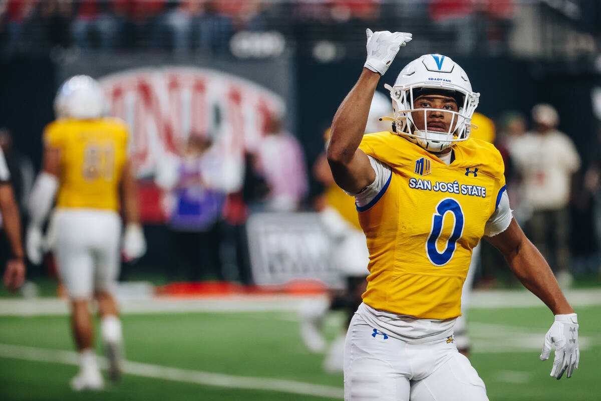 San Jose State wide receiver Isaac Jernagin (0) pumps up the San Jose State crowd after a team ...