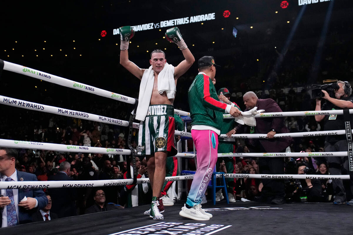 David Benavidez celebrates after defeating Demetrius Andrade in a super middleweight boxing mat ...