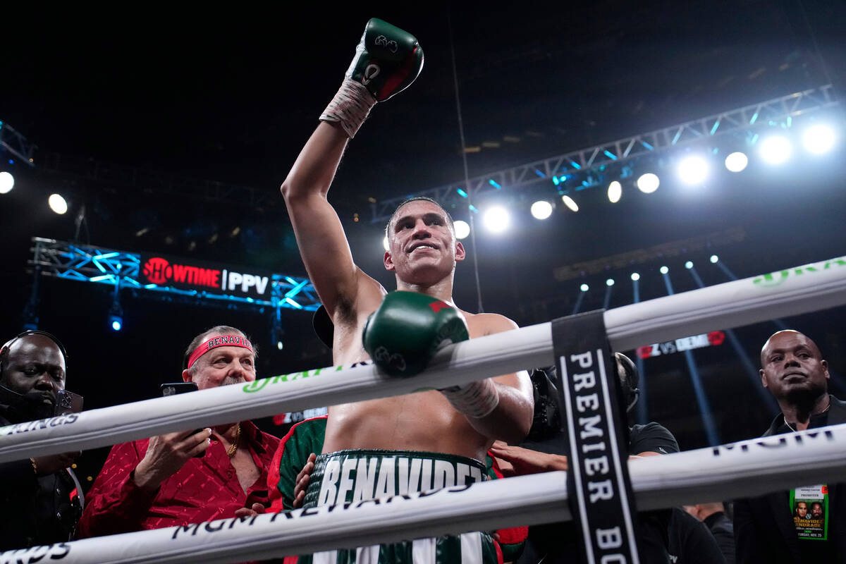 David Benavidez celebrates after defeating Demetrius Andrade in a super middleweight boxing mat ...