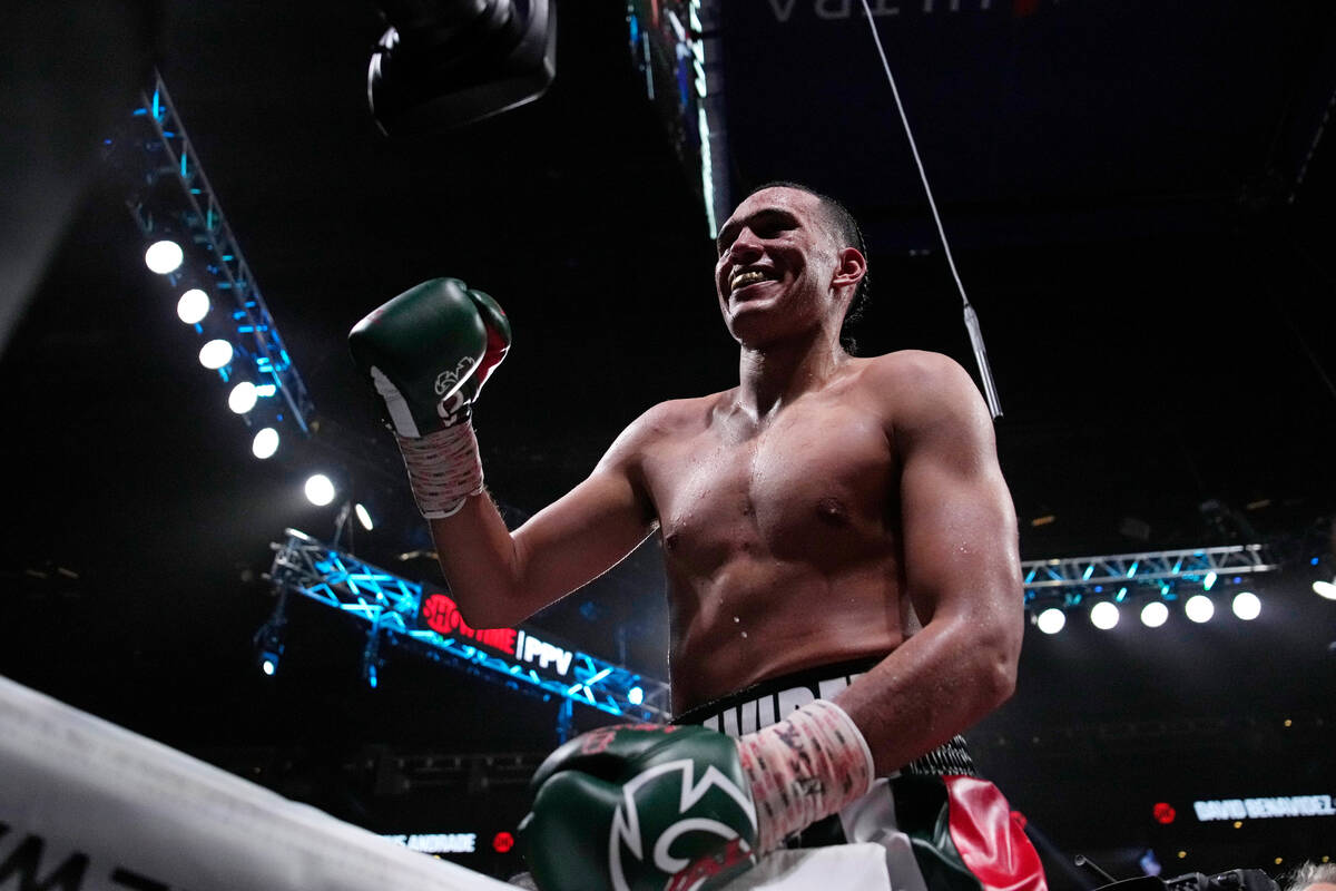 David Benavidez smiles after defeating Demetrius Andrade in a super middleweight boxing match S ...