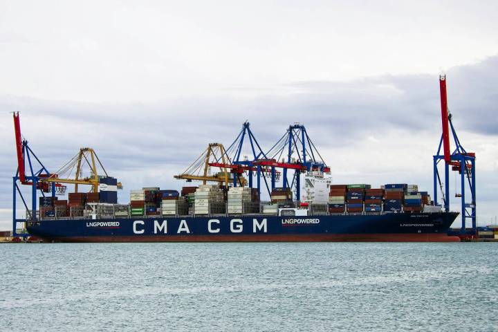 In this photo provided by Manuel Hernandez Lafuente, the CMA CGM Symi is seen at port in Valenc ...