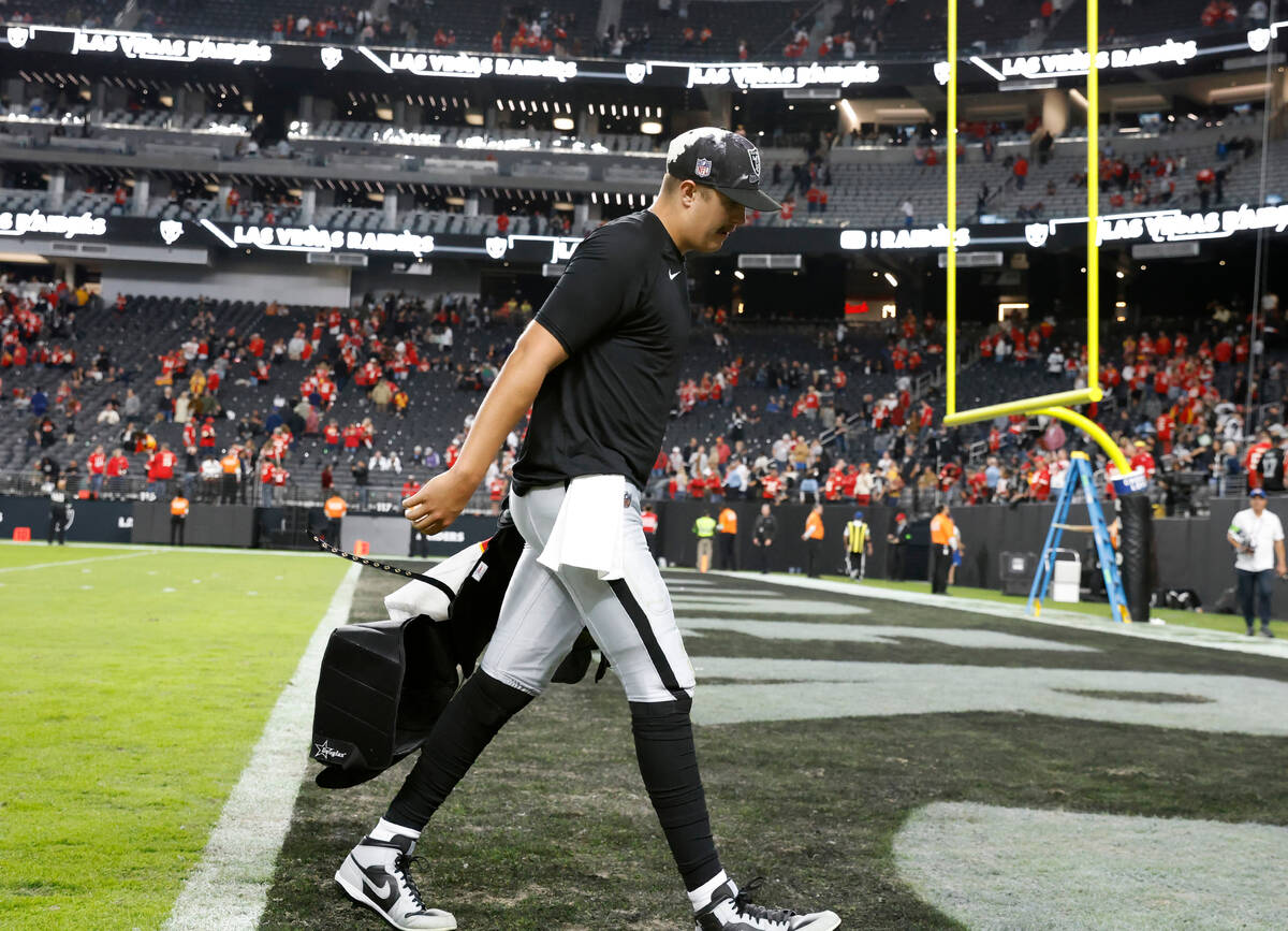 Raiders quarterback Aidan O'Connell (4) leaves the field after losing 31-17 to Kansas City Chi ...
