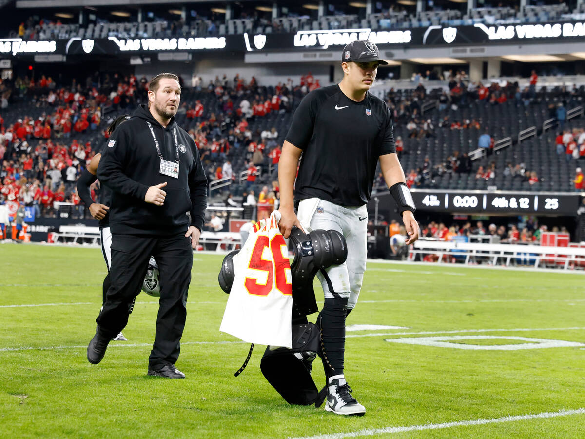 Raiders quarterback Aidan O'Connell (4) leaves the field after losing 31-17 to Kansas City Chi ...