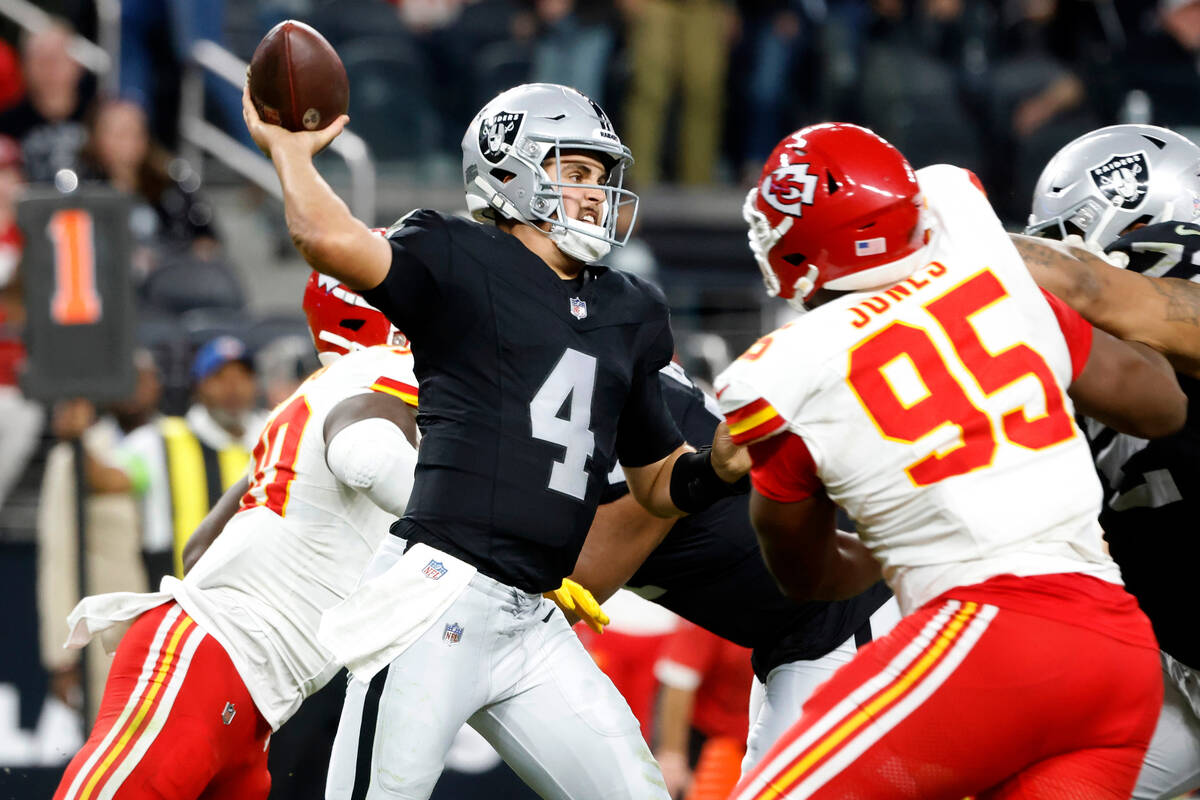 Raiders quarterback Aidan O'Connell (4) throws a pass under pressure from Kansas City Chiefs de ...