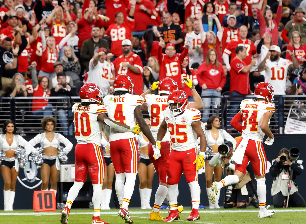Kansas City Chiefs fans cheer as wide receiver Rashee Rice (4) celebrates with his teammates af ...