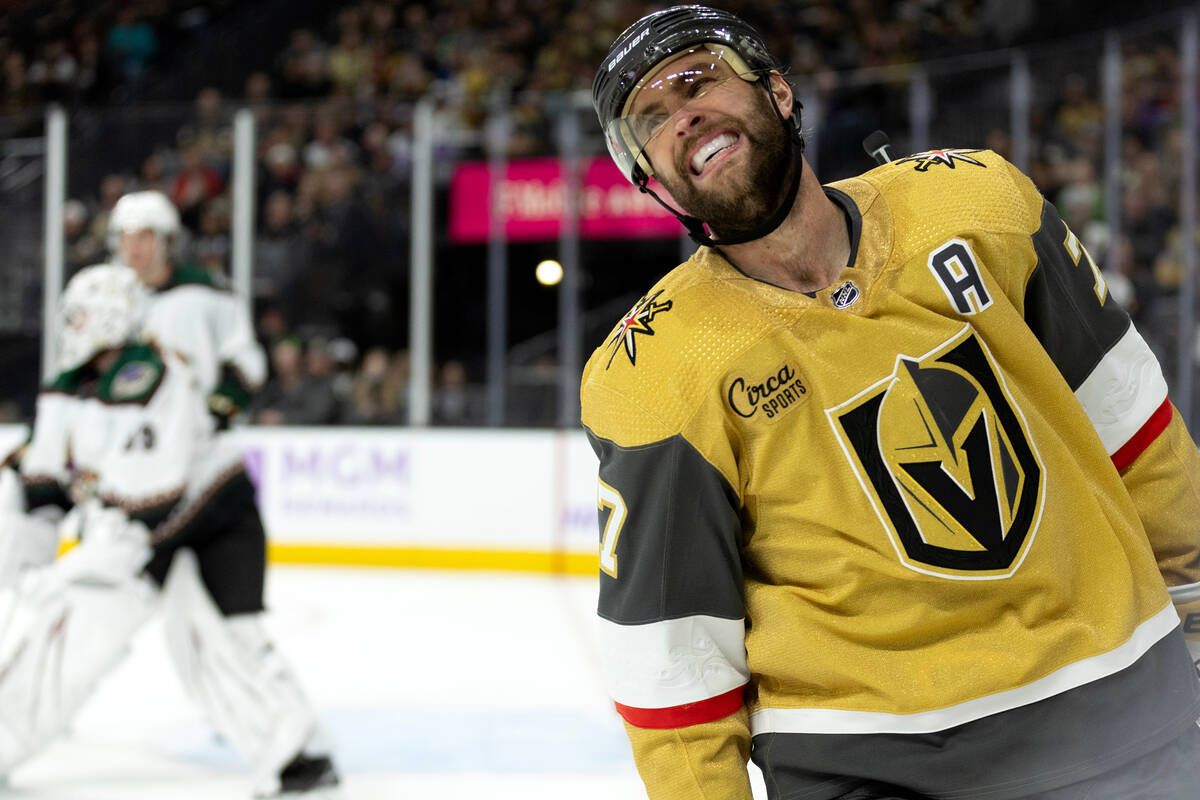 Golden Knights defenseman Alex Pietrangelo (7) reacts after missing a goal against Coyotes goal ...