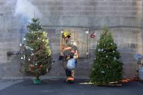 A firefighter lights a Christmas tree on fire during a demonstration on the potential dangers o ...