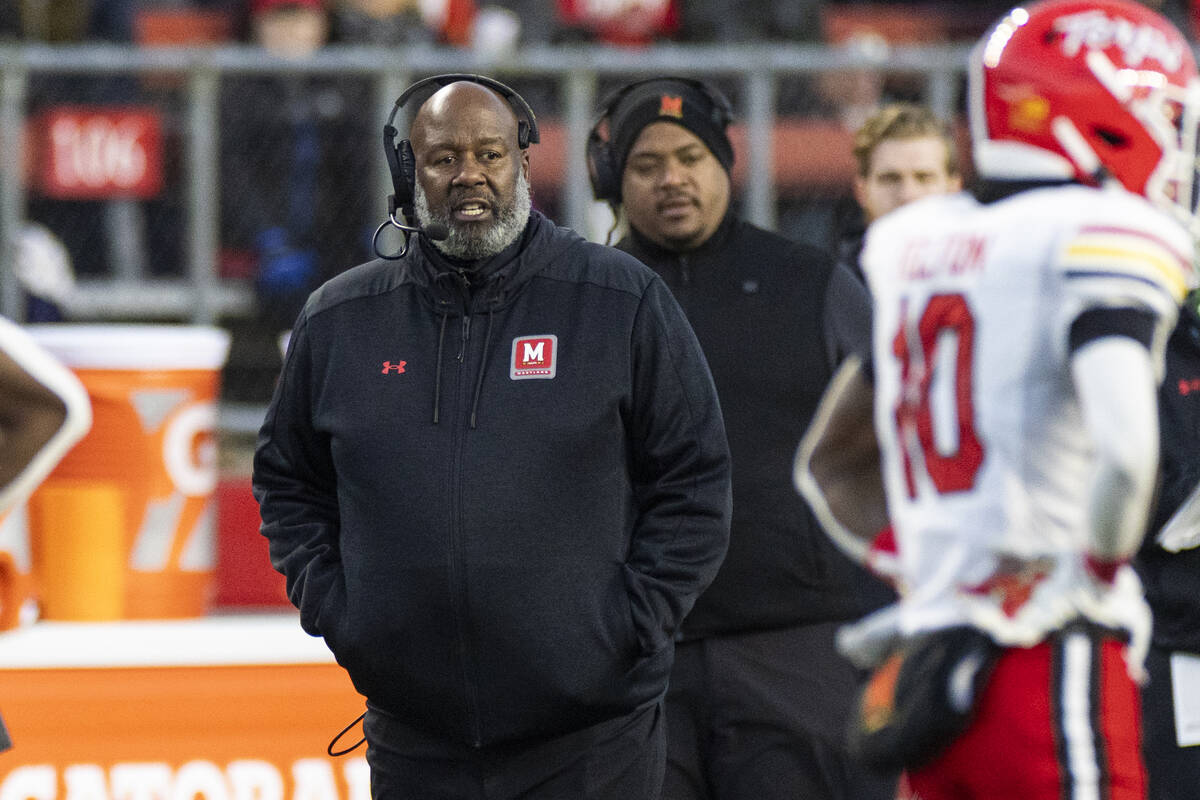Maryland head coach Michael Locksley looks on in the first half of an NCAA college football gam ...