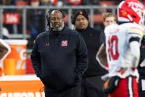 Maryland head coach Michael Locksley looks on in the first half of an NCAA college football gam ...