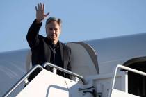 US Secretary of State Antony Blinken boards his aircraft prior to departure, Monday, Nov. 27, ...