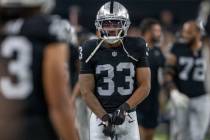 Raiders safety Roderic Teamer (33) on the sideline during the second half of an NFL game on Mon ...