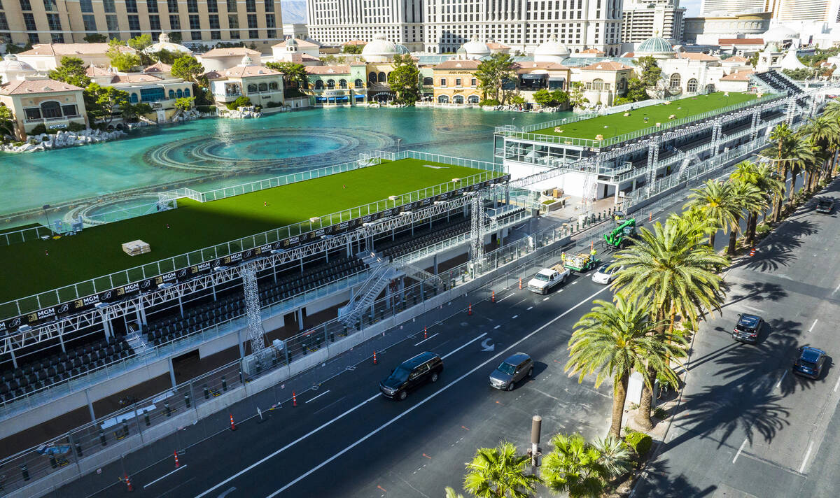 How the front of the Bellagio looked just before the start of the Formula One Las Vegas Grand P ...