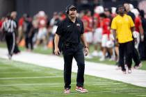 UNLV head coach Barry Odom paces the sidelines during the first half of an NCAA college footba ...