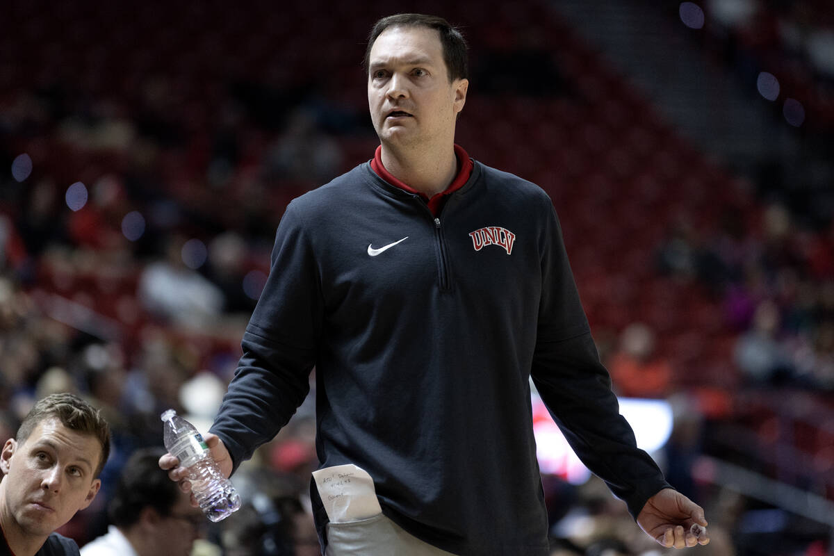 UNLV Rebels head coach Kevin Kruger reacts to a referee’s call during the second half of ...