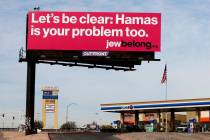 An anti-Hamas billboard sponsored by JewBelong, a nonprofit that fights antisemitism, greets mo ...