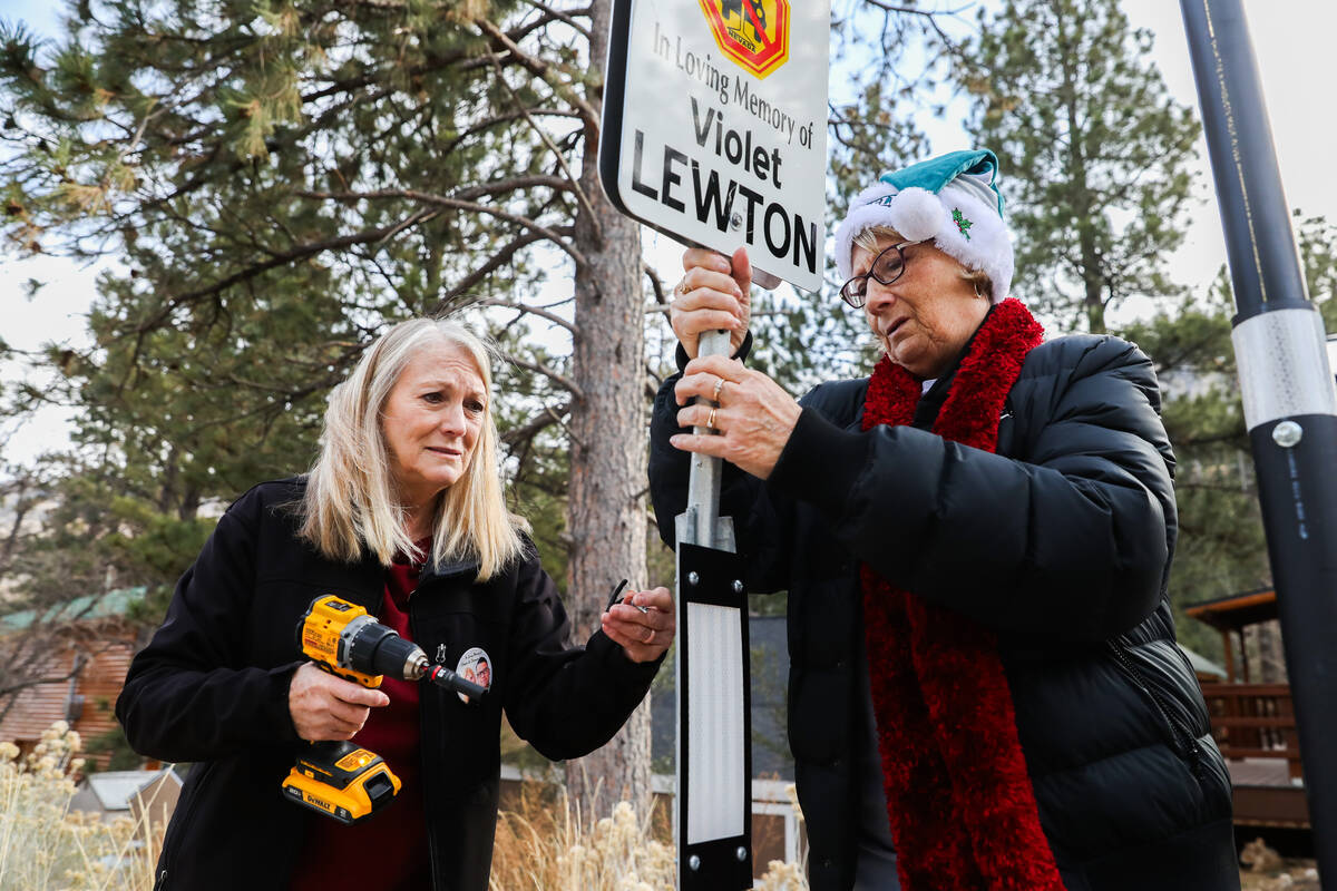 Diane Malone, left, and Joan Eddowes help put up signs displaying the names of victims who have ...