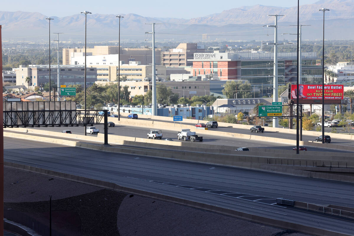 Interstate 15 northbound is closed at Charleston Boulevard Thursday, Nov. 30, 2023, after two N ...