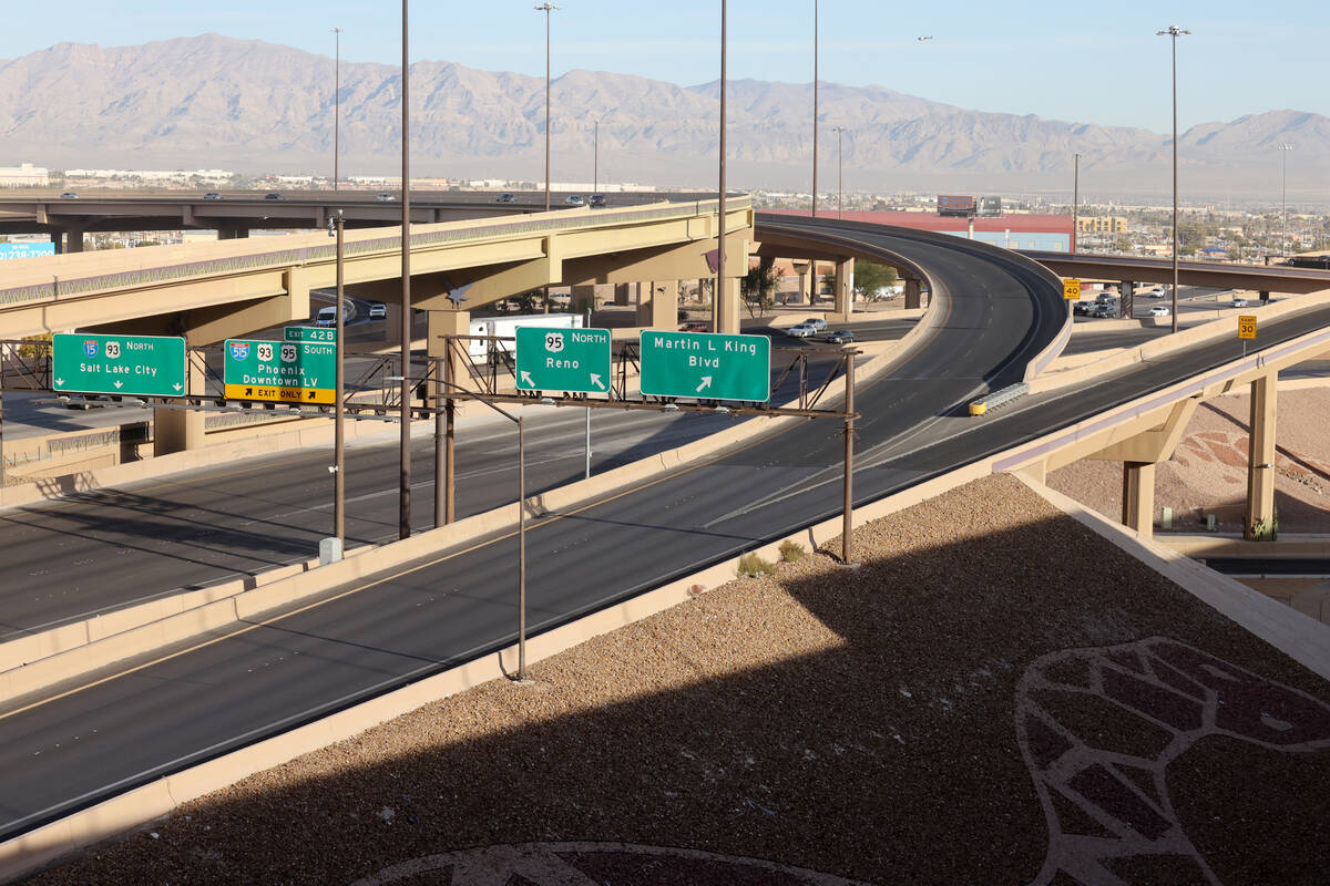 Interstate 15 northbound is closed north of Charleston Boulevard Thursday, Nov. 30, 2023, after ...