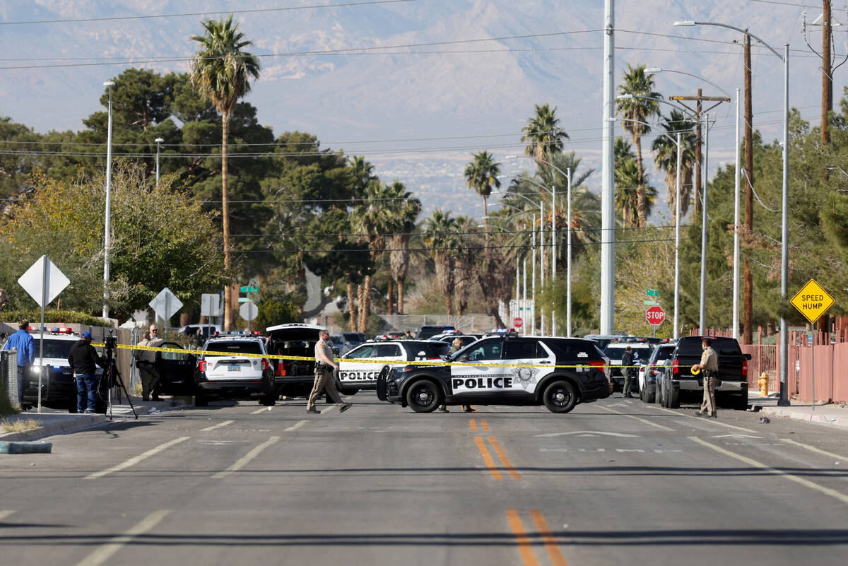Las Vegas police close Monroe Avenue near I Street Thursday, Nov. 30, 2023, after two Nevada St ...