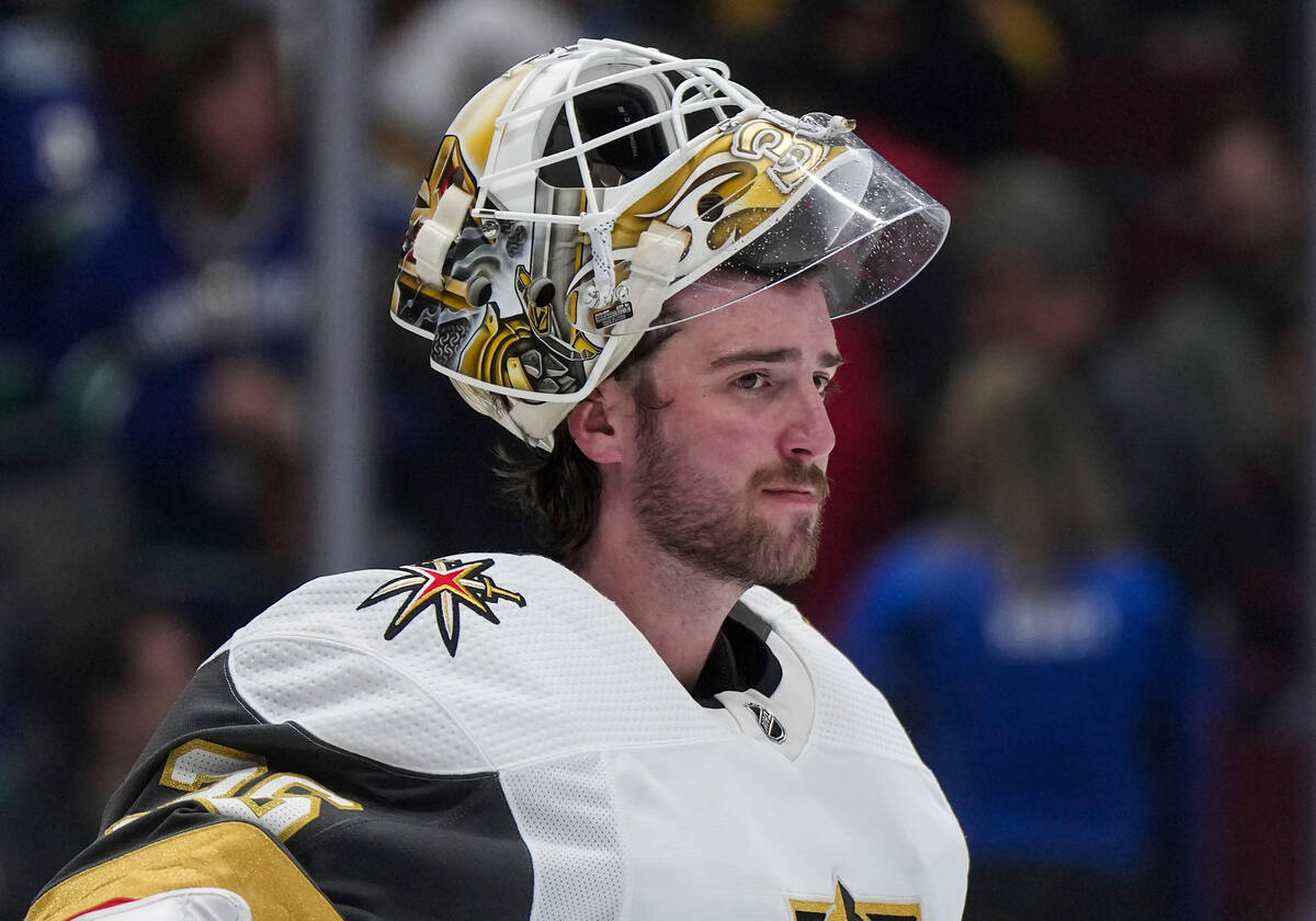 Vegas Golden Knights goalie Logan Thompson waits during a stoppage in play during the third per ...