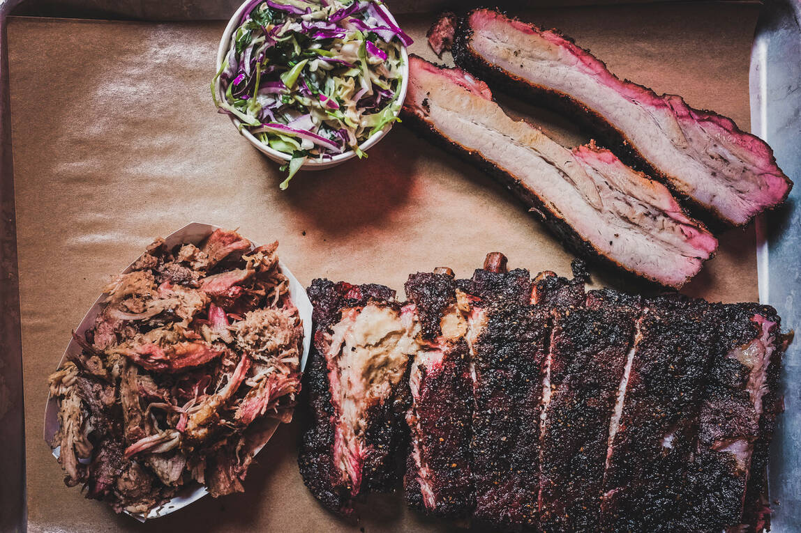 Barbecue pork spare ribs, pulled pork and poppy seed coleslaw from Mabel's BBQ in the Palms in ...