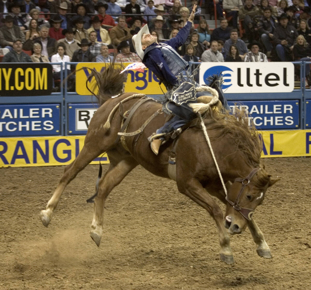 Billy Etbauer, of Edmond, Okla., rides Wasp to a score of 86.5 to tie for first in the seventh ...