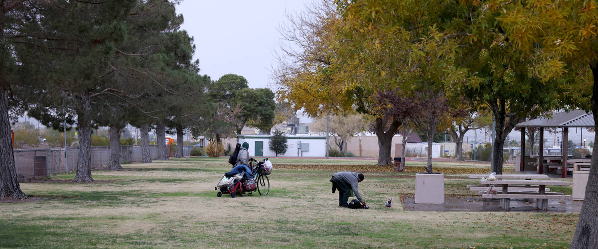 Tod Mainzer, 65,, left, and Gregory Lee Ellis, 47, move their belongings at Downtown Park in He ...