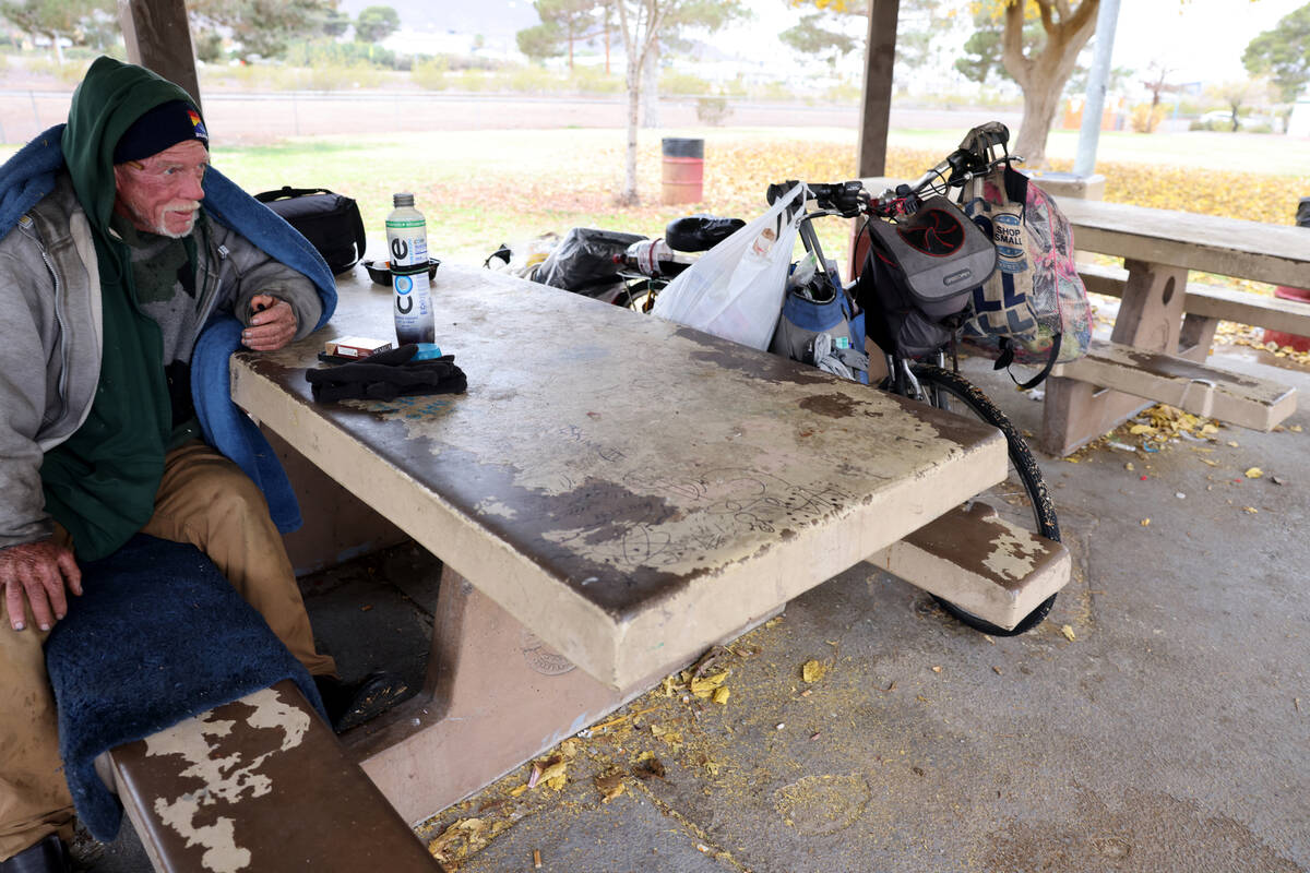 Tod Mainzer, 65, rests at Downtown Park in Henderson Friday, Dec. 22, 2023. (K.M. Cannon/Las Ve ...