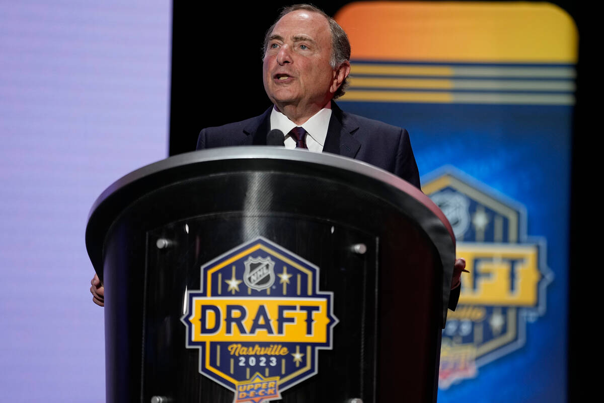 NHL commissioner Gary Bettman delivers remarks during the first round of the NHL hockey draft, ...