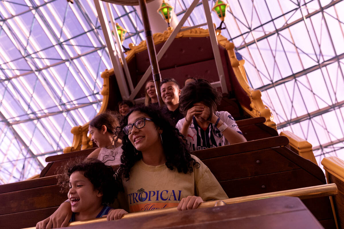 A group enjoys the restored Sand Pirates ride in the Adventuredome at Circus Circus on Wednesda ...