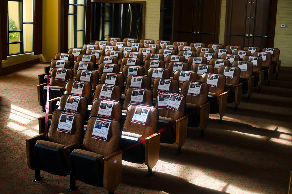 Photos of the kidnapped Israeli victims of the Oct. 7 Hamas attack in the sanctuary at Congrega ...