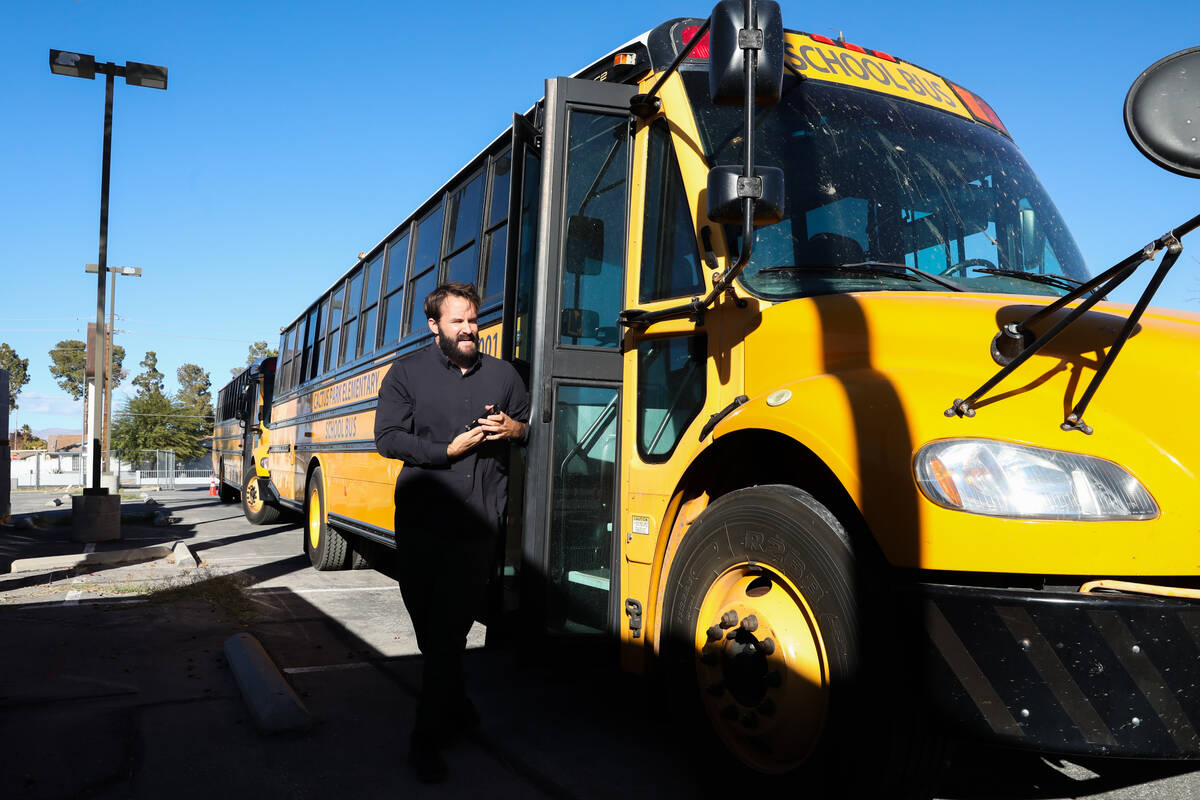 David Blodgett, founder of Bright Yellow Lines, showcases some of the buses that will be used f ...