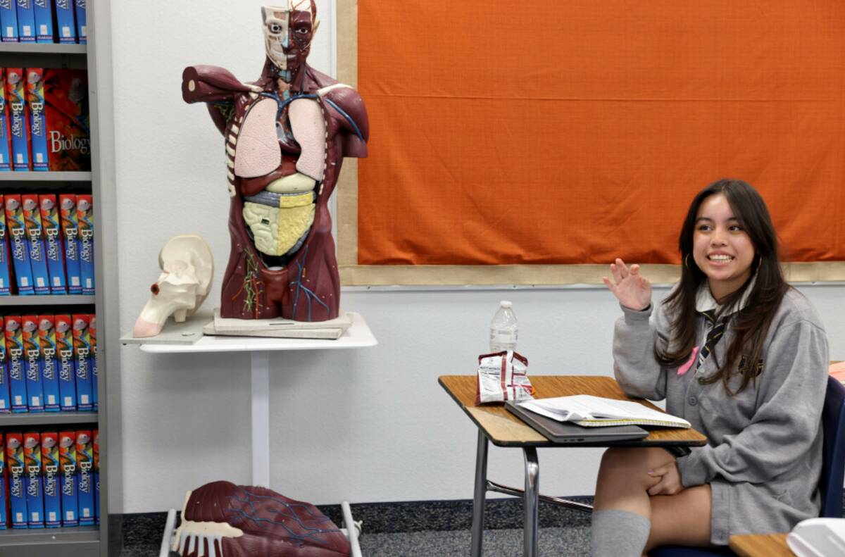 Senior Franchesca Sotelo answers a question during EMT class at Amplus Academy in Las Vegas Wed ...