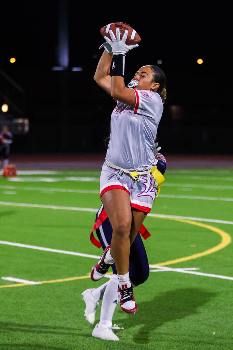 Liberty’s Kiona "Lolo" Westerlund (4) catches the ball during a flag foot ...