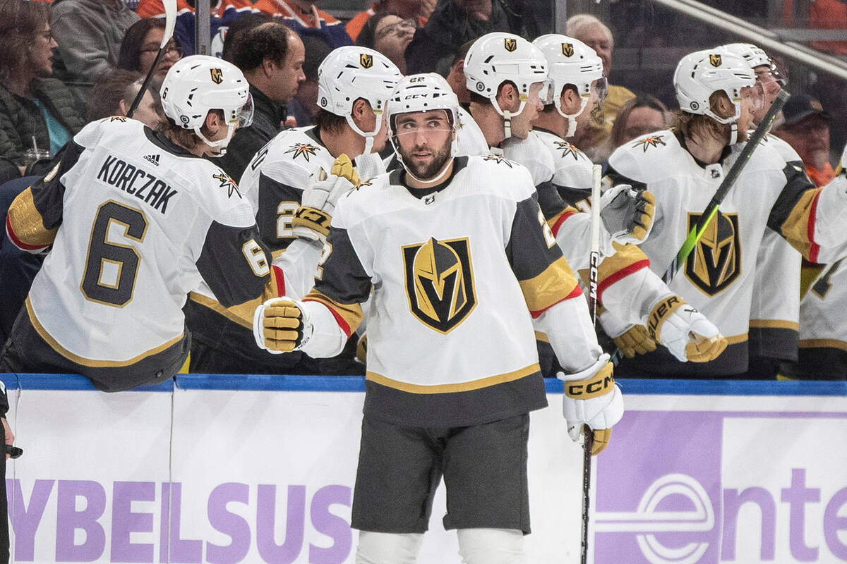 Vegas Golden Knights' Michael Amadio (22) celebrates a goal against the Edmonton Oilers during ...
