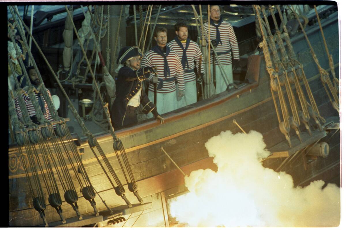 Actors and entertainers performing a pirate show on ships at the Treasure Island circa 1993.