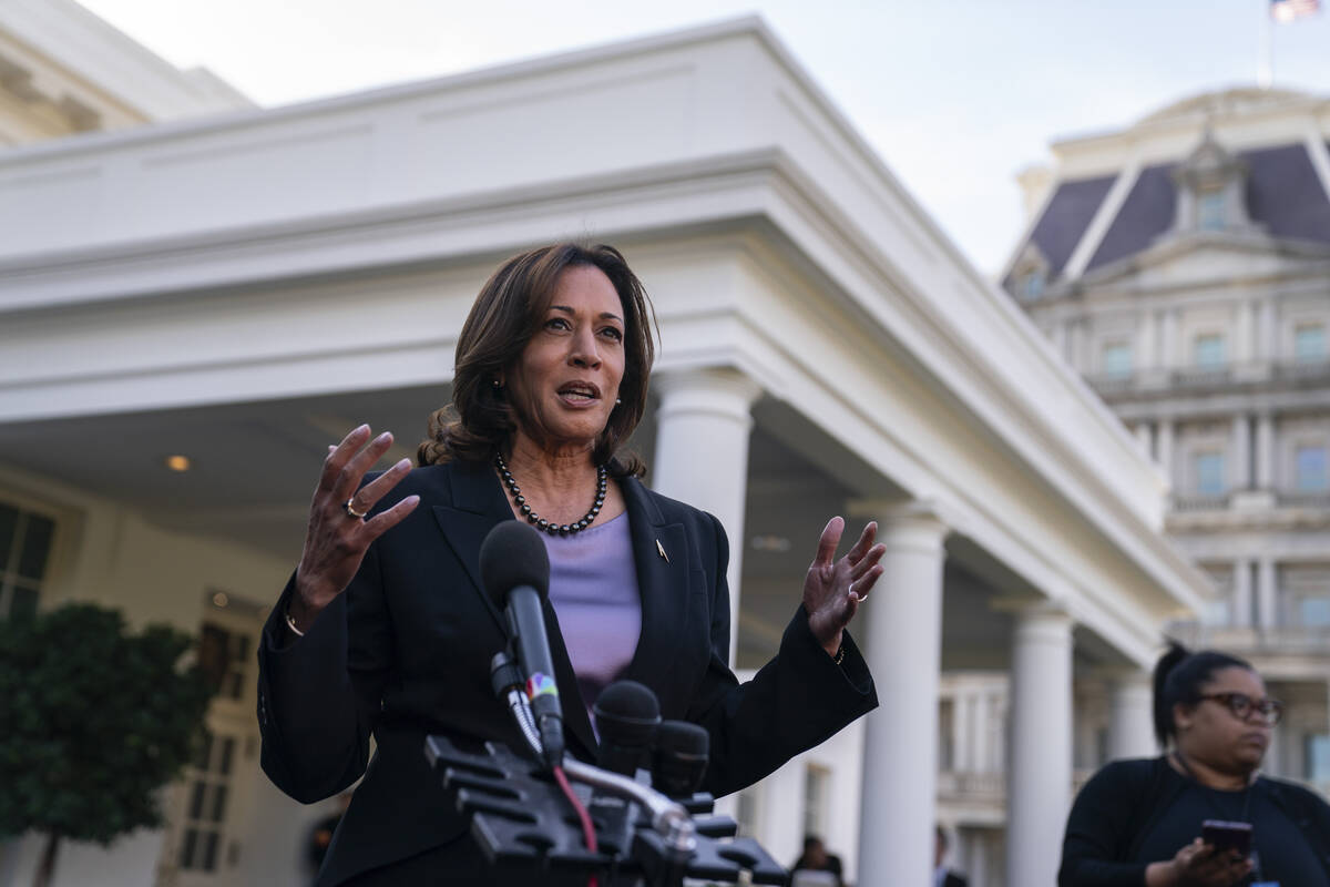 Vice President Kamala Harris makes a statement on abortion access at the White House, Wednesday ...