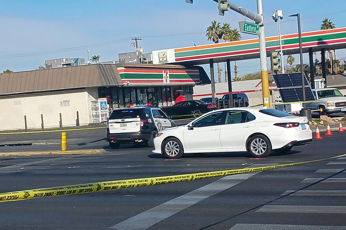 Police investigate a fatal crash at Desert Inn Road and Eastern Avenue in east Las Vegas on Sat ...