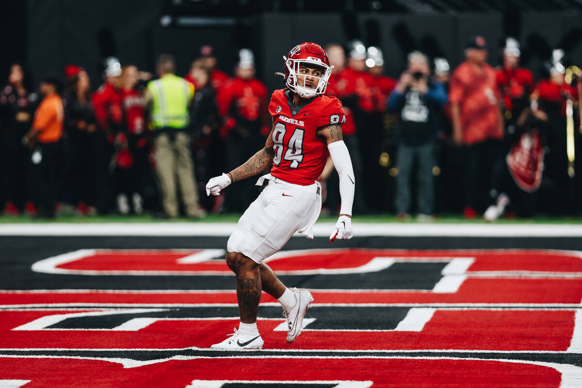 UNLV wide receiver Corey Thompson Jr. (84) looks back after missing a catch during the Mountain ...