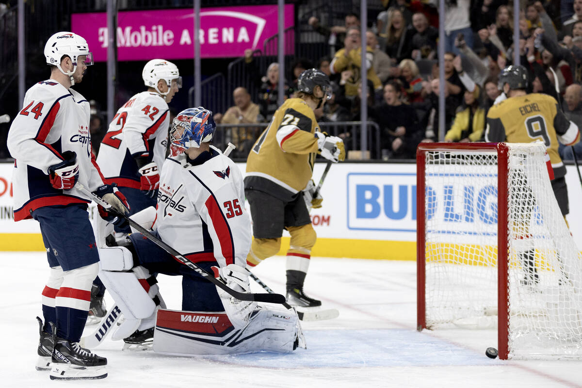 Capitals goaltender Darcy Kuemper (35) reacts after the Golden Knights scored during the first ...